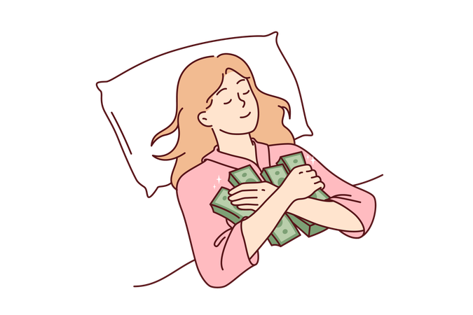 Woman sleeps hugging stacks of money afraid to part with earned capital and put savings in bank  Illustration
