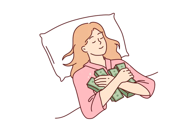 Woman Sleeps Hugging Stacks Of Money Afraid To Part With Earned Capital And Put Savings In Bank Deposit Happy Girl Saved Lot Of Money Thanks To Investments Lies With Eyes Closed In Bed Illustration