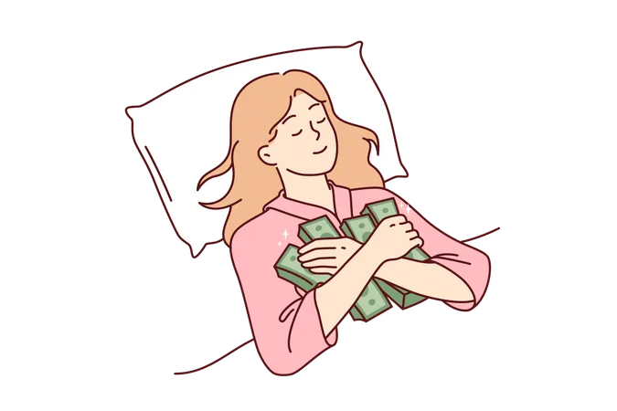 Woman sleeps hugging stacks of money afraid to part with earned capital and put savings in bank  Illustration