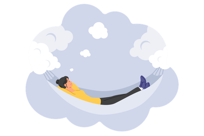 Woman sleeps in hammock suspended on clouds having good dreams and filling herself with energy  Illustration