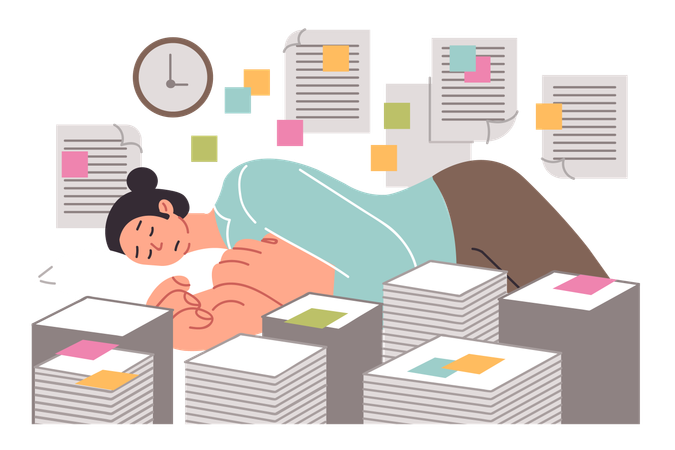 Woman sleeps in office among documents due to overwork  Illustration