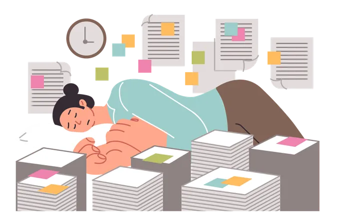 Woman Sleeps In Office Among Documents Due To Overwork Caused By Abundance Of Paperwork And Strict Deadlines Girl Is Tired And Needs Help Doing Paperwork And Following Bureaucratic Rules Illustration