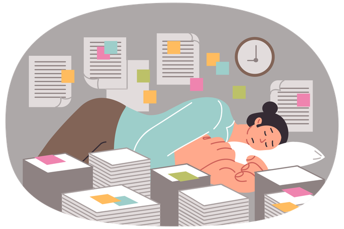 書類の多さと締め切りによる過労で、オフィスで書類に囲まれて眠る女性  イラスト