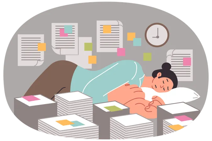 書類の多さと締め切りによる過労で、オフィスで書類に囲まれて眠る女性  イラスト
