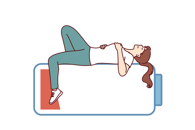 Woman sleeps on empty battery and trying to restore strength  Illustration