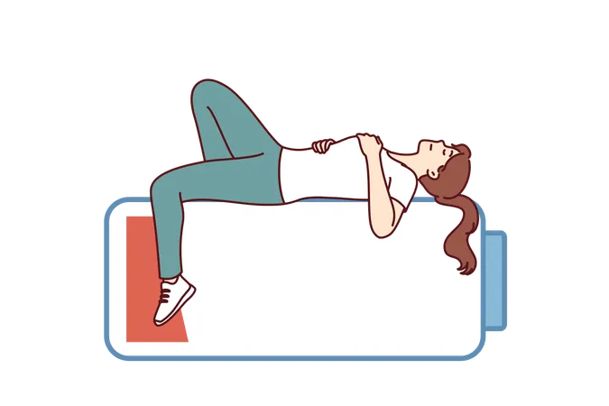 Woman sleeps on empty battery and trying to restore strength  Illustration