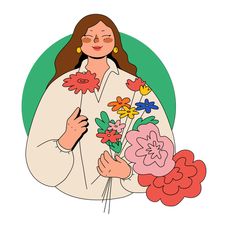 Woman Smells A Flower Bouquet She Picked  Illustration