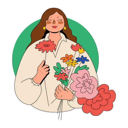 Woman Smells A Flower Bouquet She Picked  Illustration