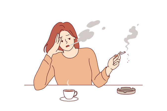 女性がタバコを吸いながら熱いコーヒーを飲む  イラスト