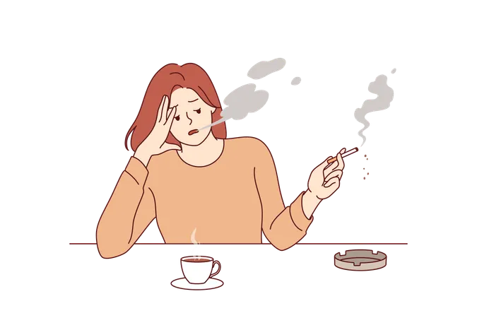 女性がタバコを吸いながら熱いコーヒーを飲む  イラスト