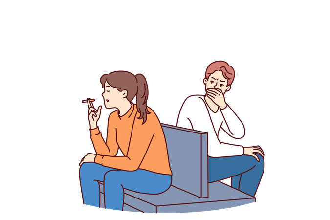 Woman smokes sitting in public place and causes inconvenience to man making him passive smoker  Illustration
