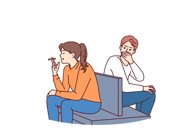 Woman smokes sitting in public place and causes inconvenience to man making him passive smoker  Illustration