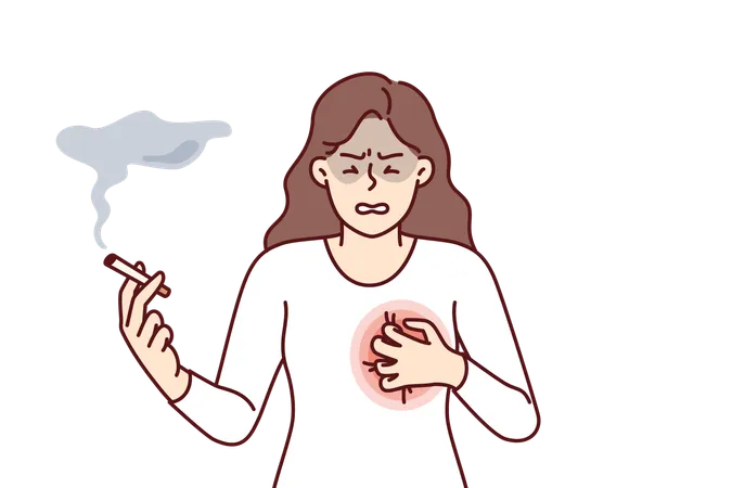 Woman Smokes With Heart Condition Needs Give Up Cigarettes And Tobacco To Avoid Dying From Cancer Sick Girl Feels Severe Pain In Chest Due To Long Term Smoking Of Nicotine Cigarettes Illustration