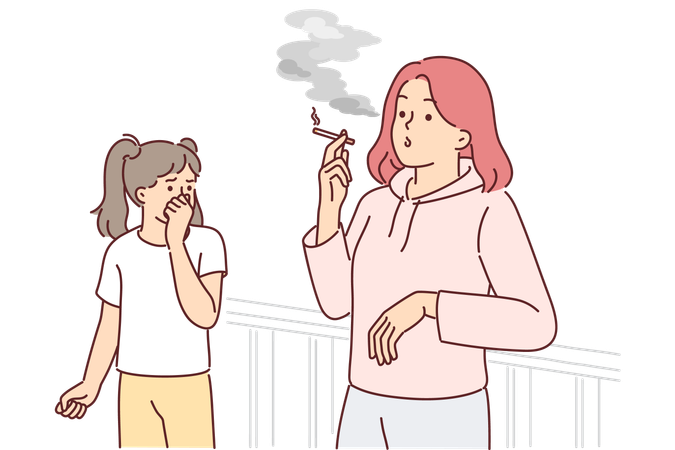 Woman smoking cigarette making daughter passive smoker  Illustration