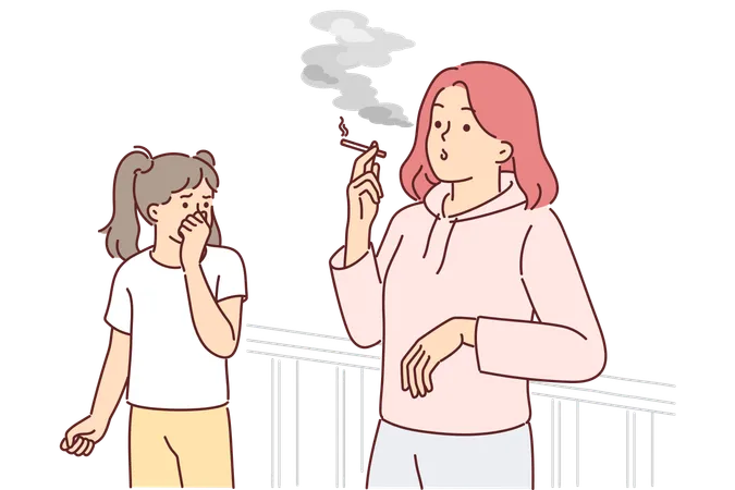 Woman Smoking Cigarette Making Daughter Passive Smoker And Causing Child Suffering From Nicotine And Tobacco Smoke Problem Of Passive Smoking In Children Associated With Negligence Of Parents Illustration