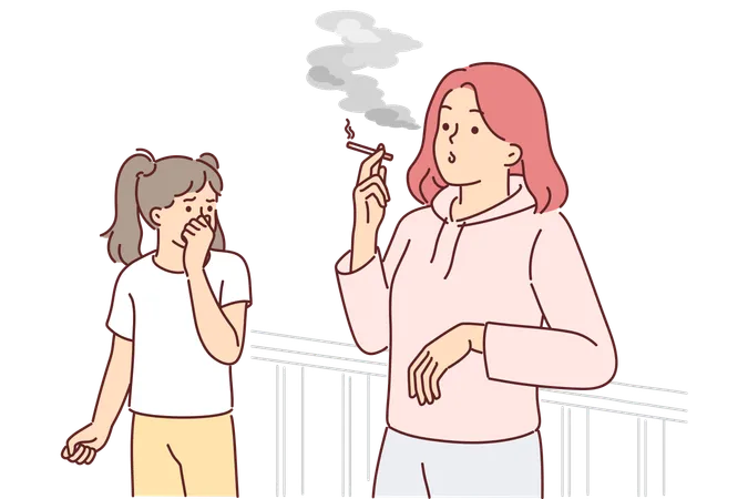 Woman smoking cigarette making daughter passive smoker  Illustration