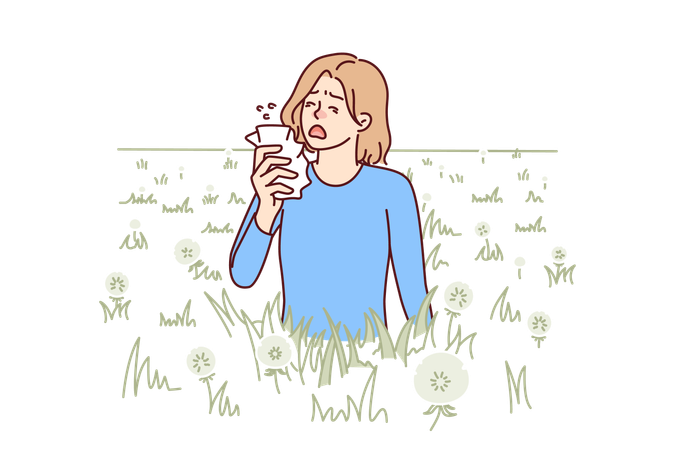 Woman sneezes because of dandelion allergy  Illustration