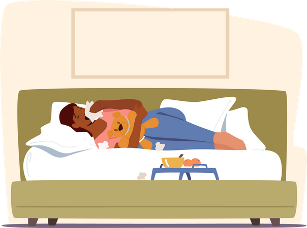 Woman sneezing and lying on bed at home Illustration
