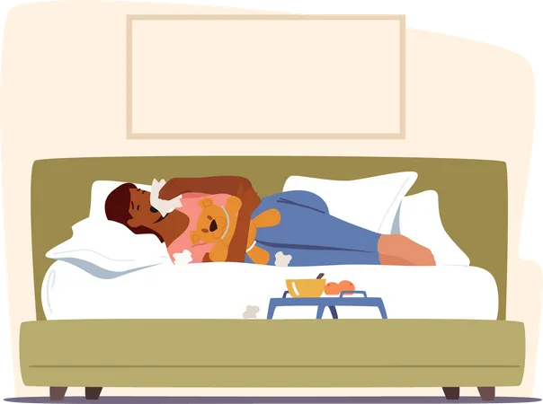 Woman sneezing and lying on bed at home  Illustration