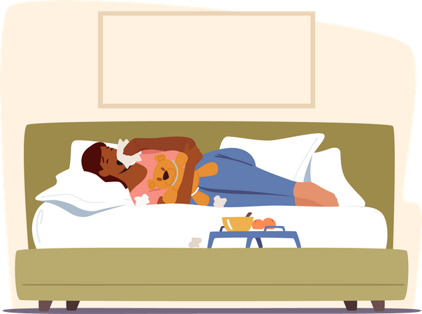 Woman sneezing and lying on bed at home  Illustration