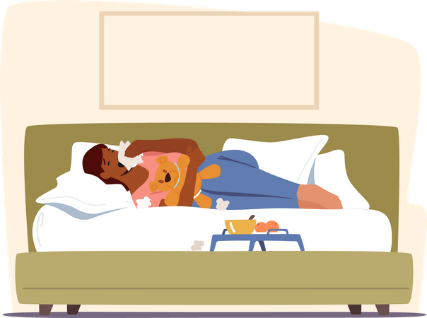 Woman sneezing and lying on bed at home  イラスト