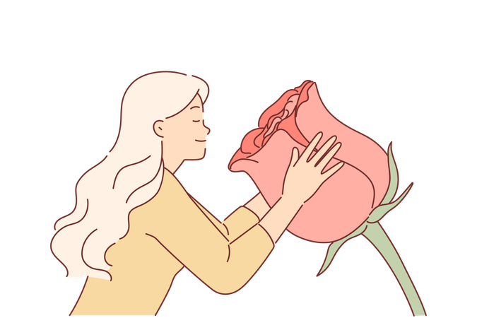 Woman sniffs huge rose flower enjoying aroma of spring-blooming plant used to create perfume  イラスト