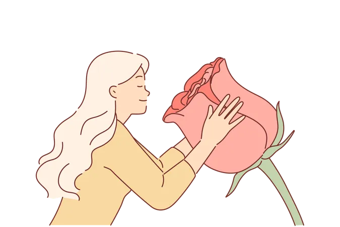 Woman Sniffs Huge Rose Flower Enjoying Aroma Of Spring Blooming Plant Used To Create Perfume Girl Inhales Smell Of Flower Wanting To Have Shampoo Or Body Lotion Made From Rose Petals Illustration