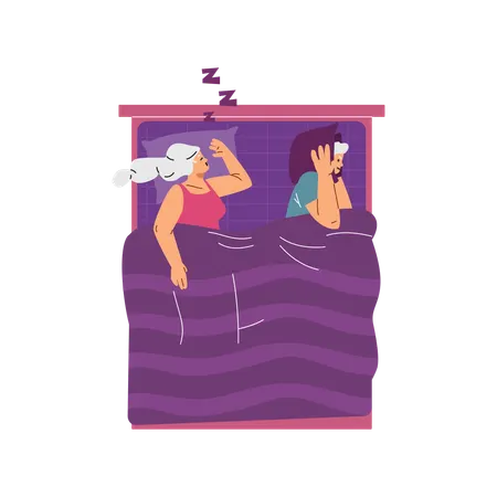 Woman snoring loudly and man awake in bed  Illustration