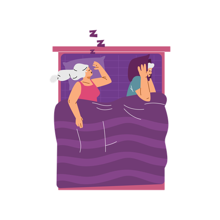 Woman snoring loudly and man awake in bed  Illustration