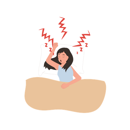 Woman snoring loudly in pajamas while resting in bed  Illustration