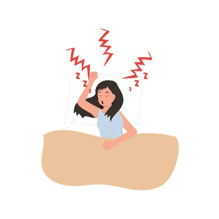 Woman snoring loudly in pajamas while resting in bed  Illustration