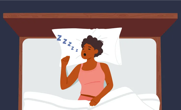 Sleep Apnea Snoring Fast Asleep Concept Young Woman Lying In Bed Loudly Snore With Open Mouth While Deep Sleep Female Person Catching Some Zzzs During Bedtime At Night Vector Illustration 일러스트레이션