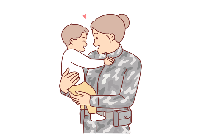 Woman soldier holds little son who is rejoicing when mother returns home after military service  Illustration
