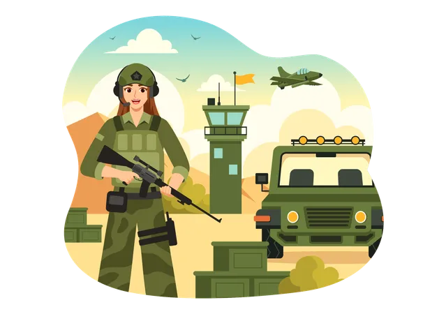 フラットスタイルの漫画の背景に兵士、武器、戦車、重装備を特徴とする軍隊のベクターイラスト イラスト