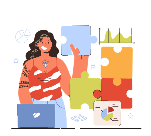 Woman solving jigsaw puzzle  Illustration