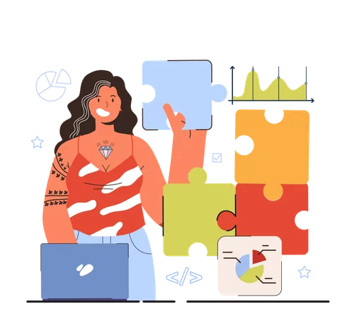 Woman solving jigsaw puzzle  Illustration