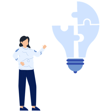 Woman solving Lightbulb Puzzle Pieces  Illustration