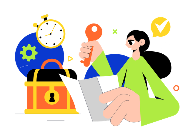 Woman solving puzzle using key  Illustration