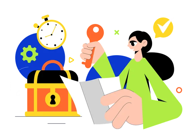 Woman solving puzzle using key  Illustration