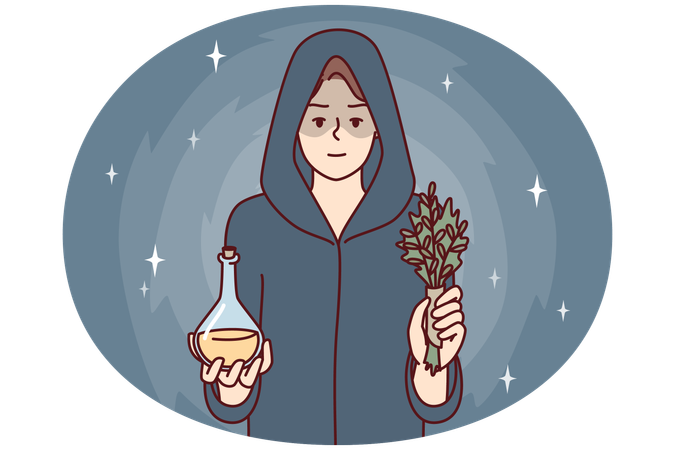 Woman sorceress dressed in cloak with hood holds miraculous elixir and sprig of plant  Illustration