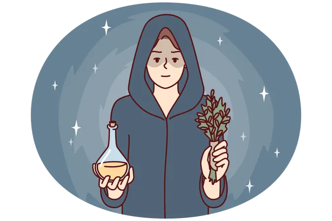 Woman sorceress dressed in cloak with hood holds miraculous elixir and sprig of plant  Illustration