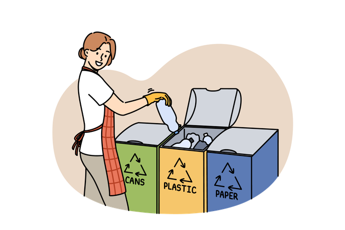 Woman sorting garbage using three various bins for different types of waste while saving planet  Illustration