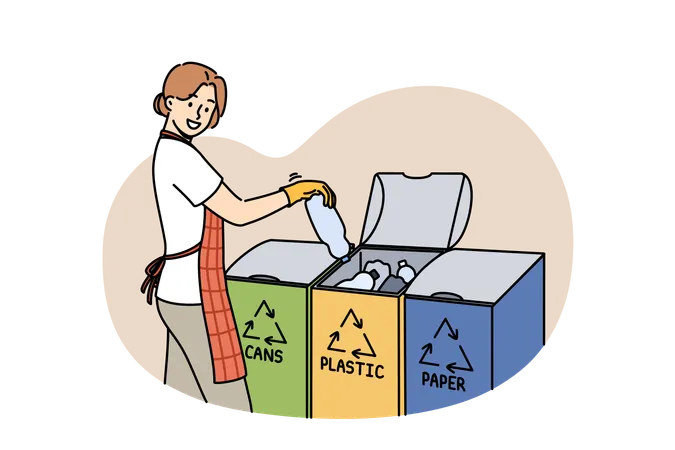 Woman sorting garbage using three various bins for different types of waste while saving planet  Illustration