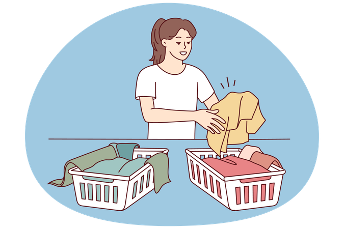 Woman sorting laundry in baskets  Illustration