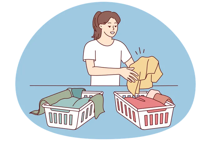 Woman sorting laundry in baskets  Illustration