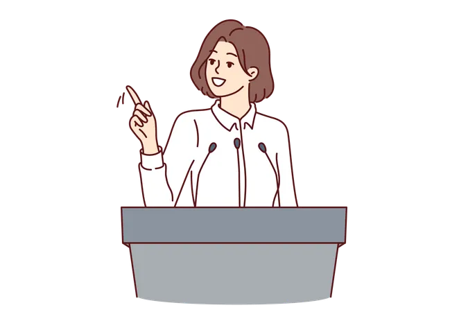 Woman Speaker Gives Press Conference To Journalists Standing Behind Podium With Microphone Businesswoman Speaker Participates In Corporate Conference And Talks About Company Successes Illustration