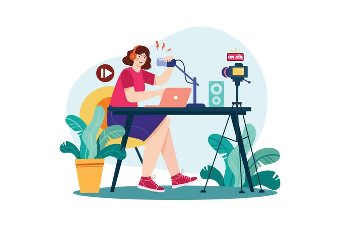 Woman Speaking Into A Microphone While Recording Video  Illustration