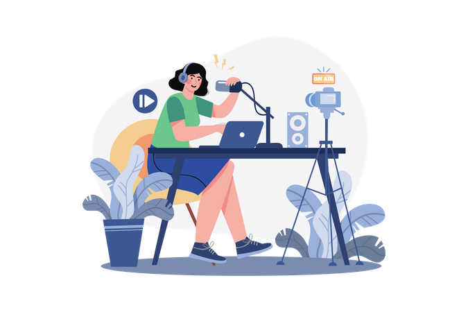 Woman Speaking Into A Microphone While Recording Video  イラスト