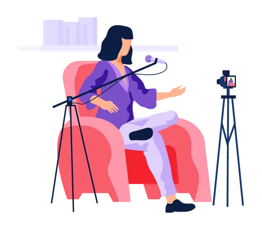 Woman speaking into microphone while recording video  Illustration