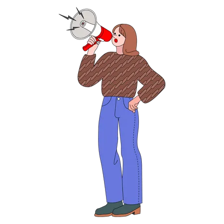 Woman Speaking With Megaphone Vector Illustration In Line Filled Design Illustration